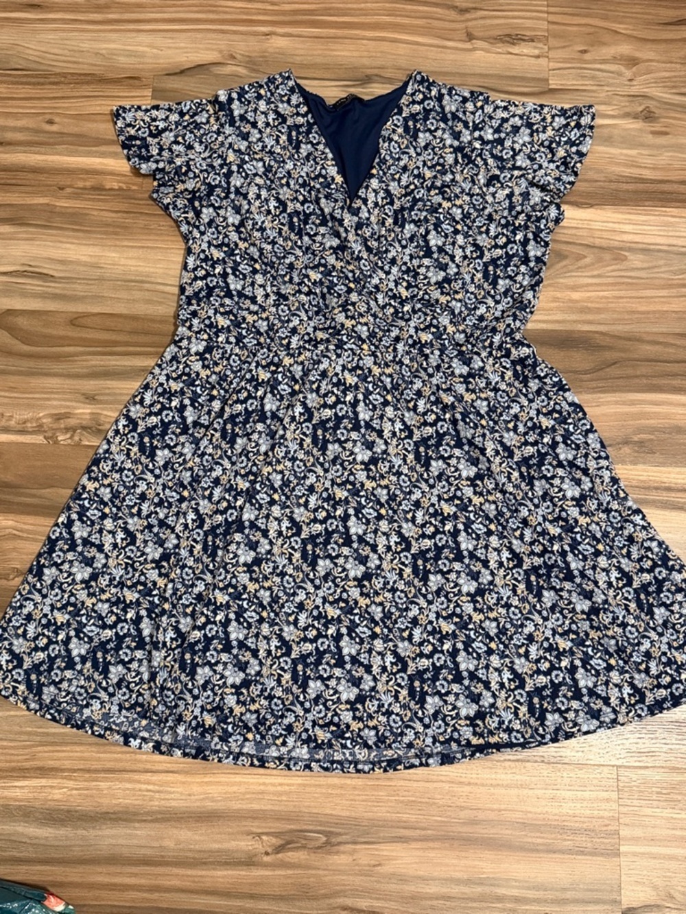 Lane Bryant Dress Womens 22/24 Navy Blue Floral Faux Wrap Midi Boho Tie Waist